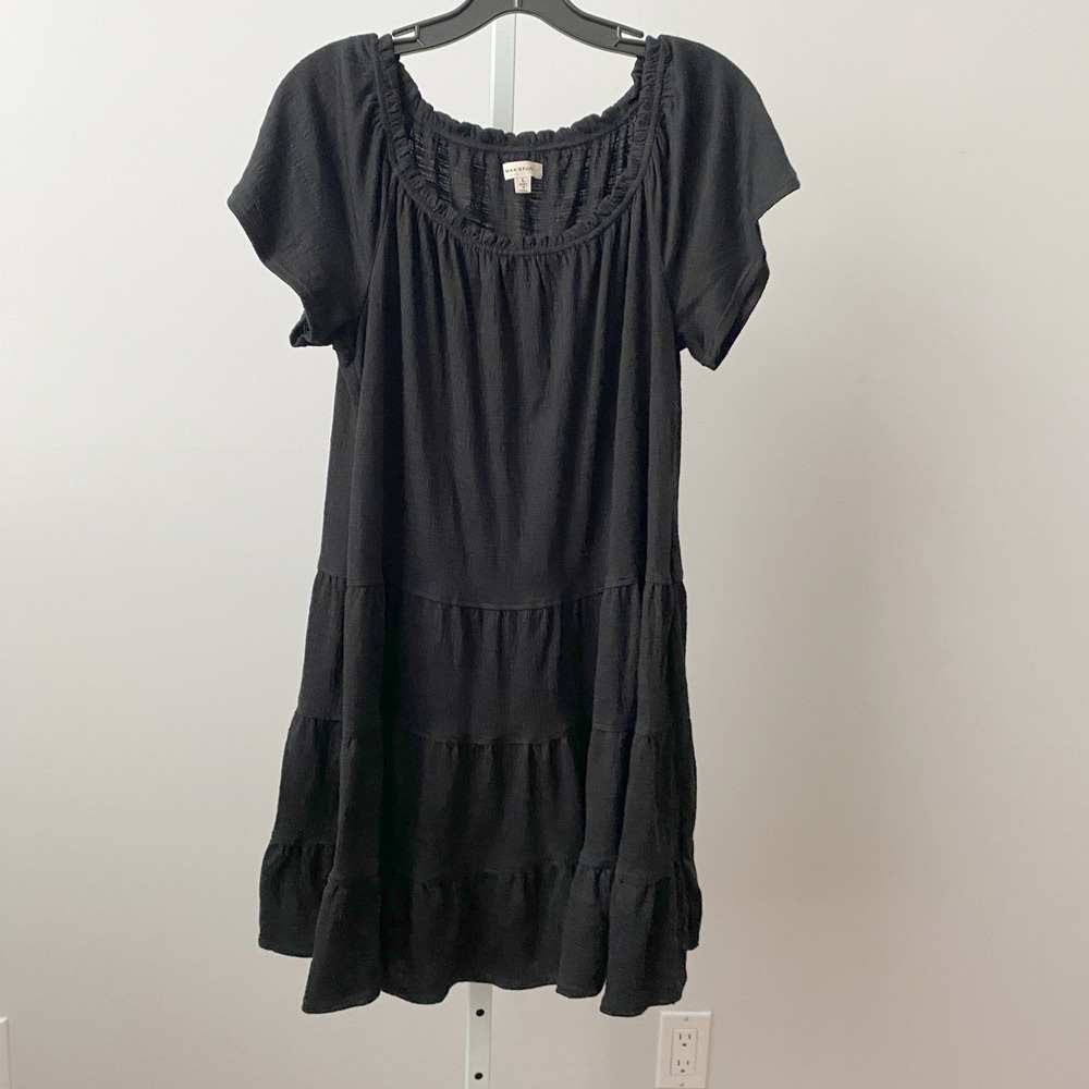 Max Studio L Black Dress Coastal Tiered Gauze Festival Scoop Neck